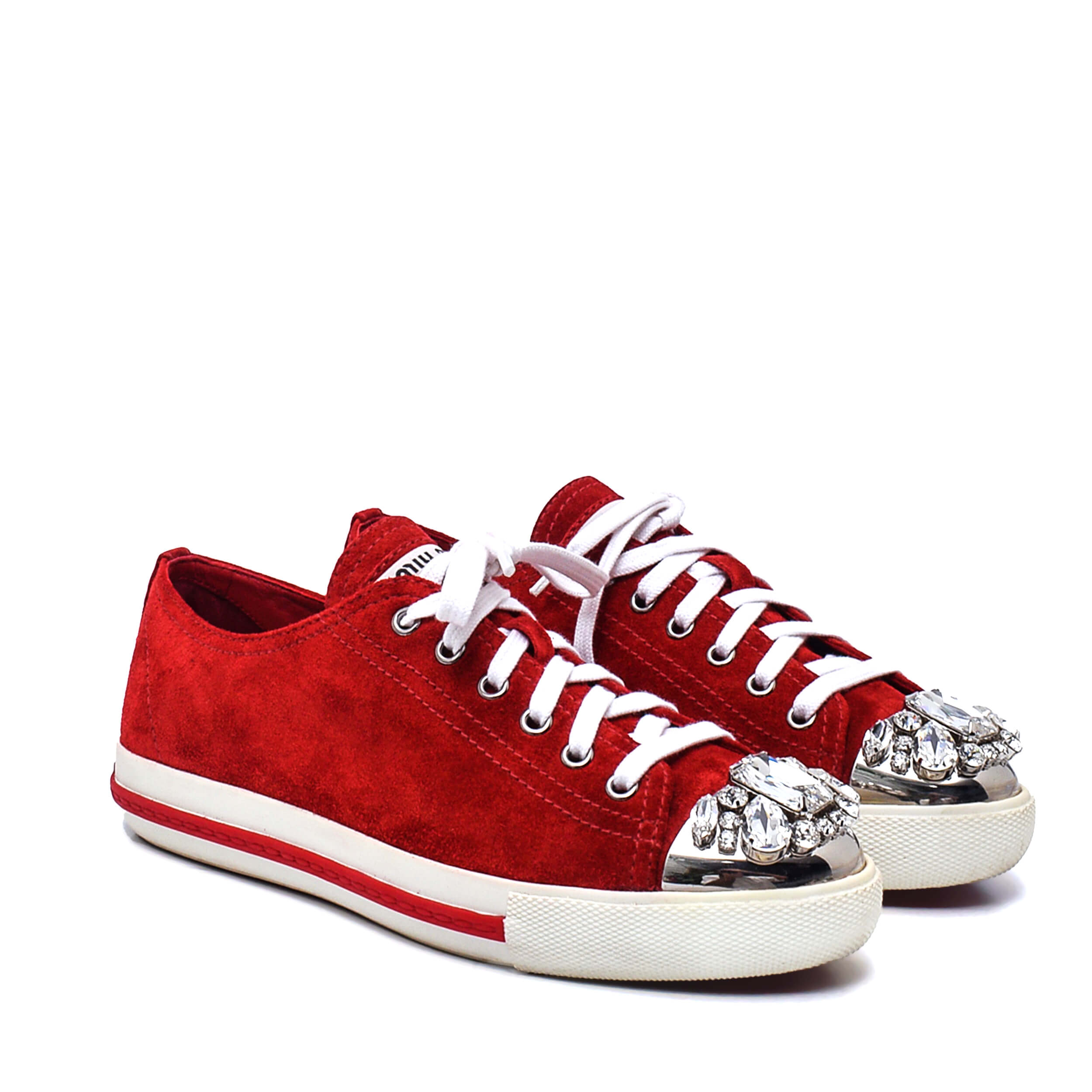 Miu Miu - Red Suede Crystal Studded Sneakers /38